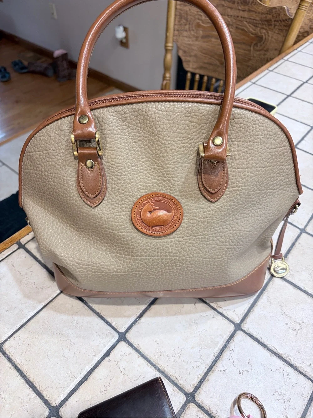 Dooney & Bourke Taupe Pebbled Leather Satchel with Brown Trim
